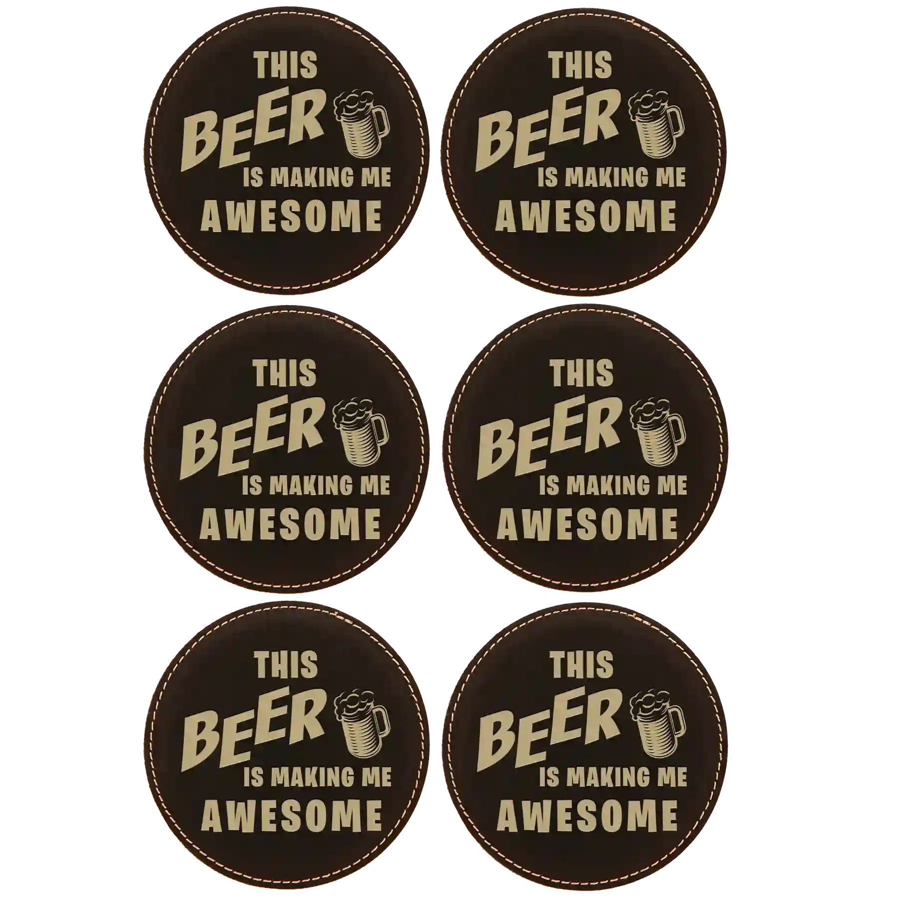 Black/Gold round leatherette coasters set of 6 laser etched with 'Awesome' designs