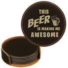 Black/Gold round leatherette coasters set and holder laser etched with 'Awesome' design