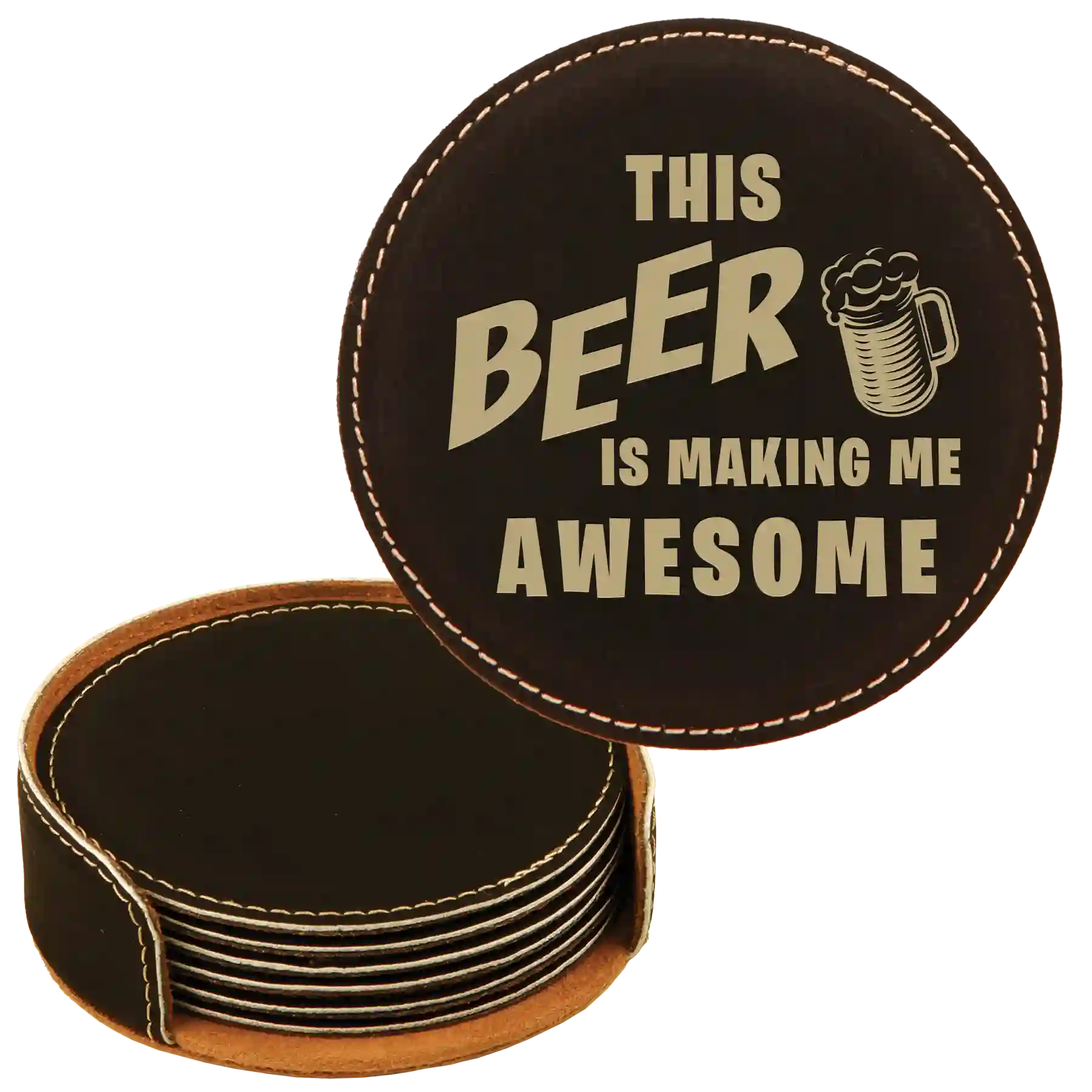 Black/Gold round leatherette coasters set and holder laser etched with 'Awesome' design