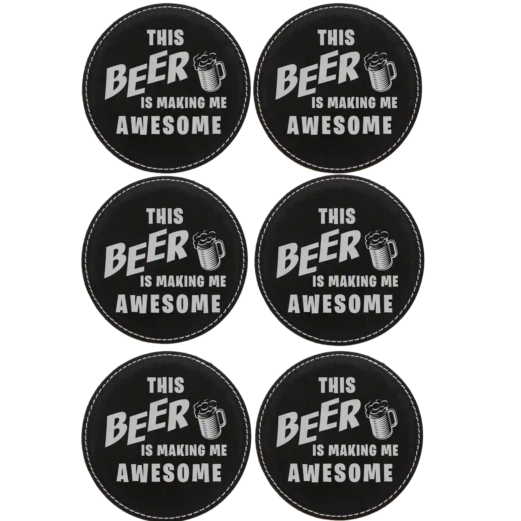 Black/Silver round leatherette coasters set of 6 laser etched with 'Awesome' designs
