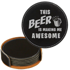 Black/Silver round leatherette coasters set and holder laser etched with 'Awesome' design