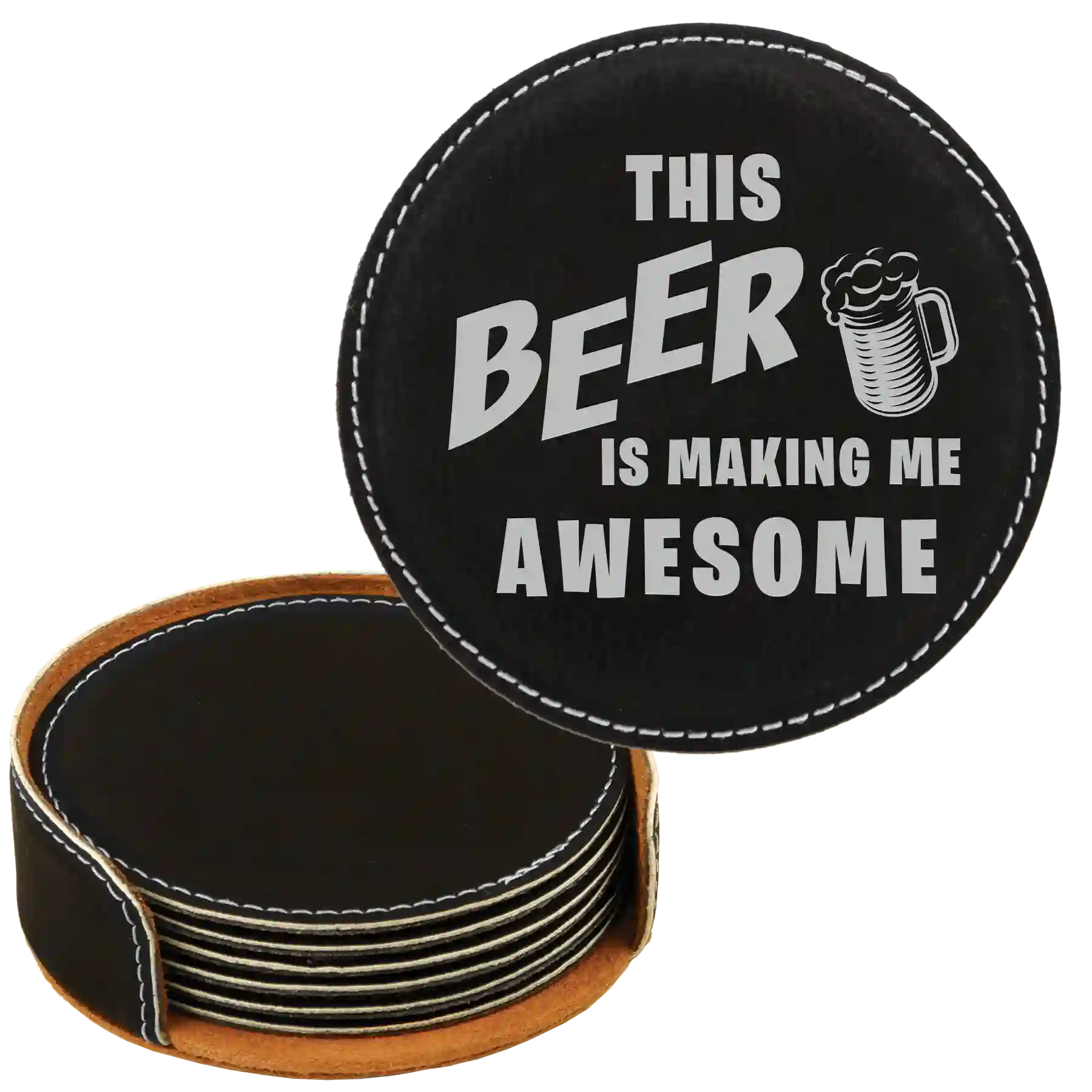 Black/Silver round leatherette coasters set and holder laser etched with 'Awesome' design