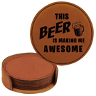Rawhide round leatherette coasters set and holder laser etched with 'Awesome' design