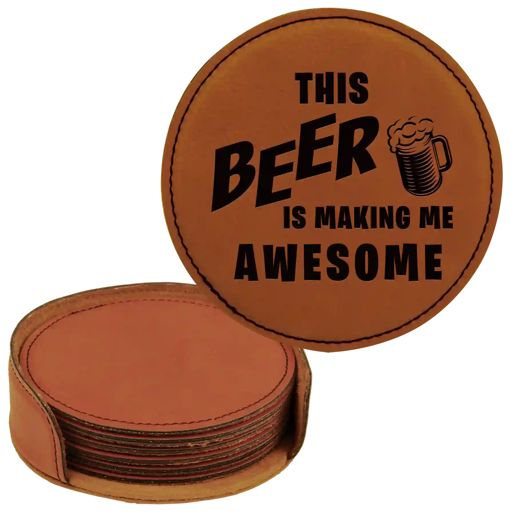 Rawhide round leatherette coasters set and holder laser etched with 'Awesome' design