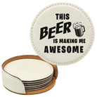 White round leatherette coasters set and holder laser etched with 'Awesome' design