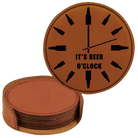 Rawhide round leatherette coasters set and holder laser etched with 'BEER OCLOCK' design