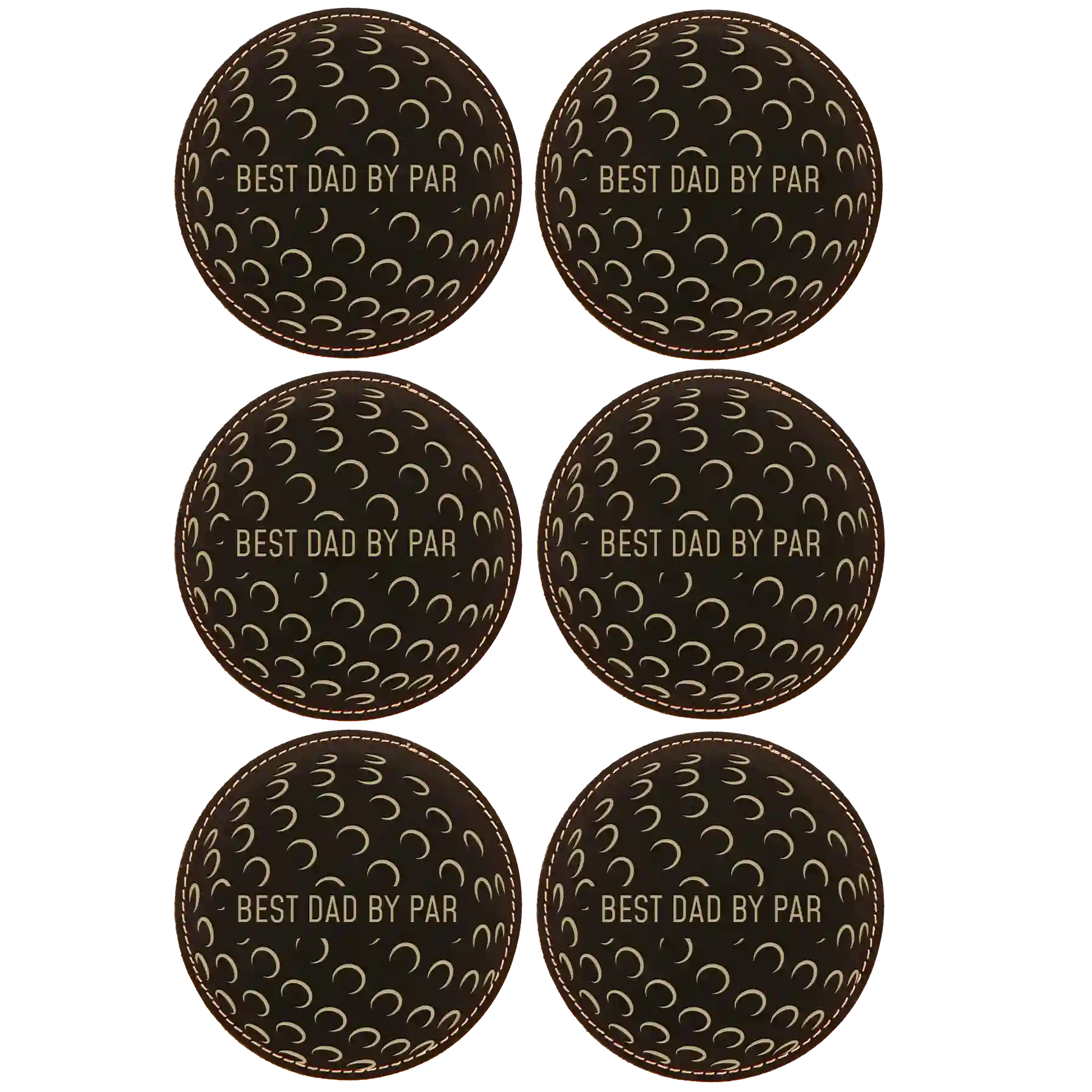 Black/Gold round leatherette coasters set of 6 laser etched with 'Best Dad by Par' designs