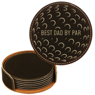 Black/Gold round leatherette coasters set and holder laser etched with 'Best Dad by Par' design