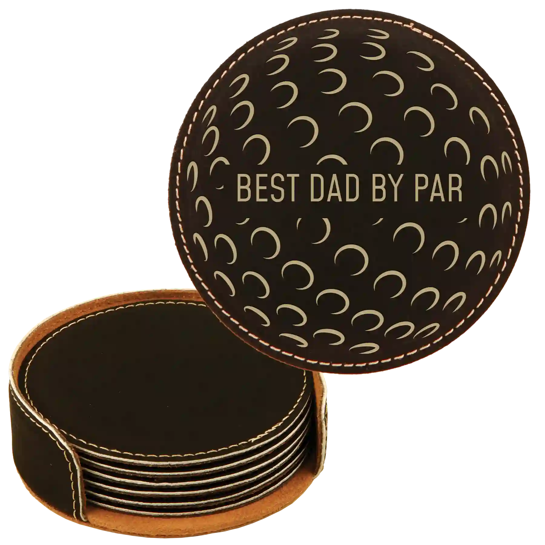 Black/Gold round leatherette coasters set and holder laser etched with 'Best Dad by Par' design