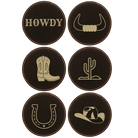 Black/Gold round leatherette coasters set of 6 laser etched with 'Country Ranch Theme' designs