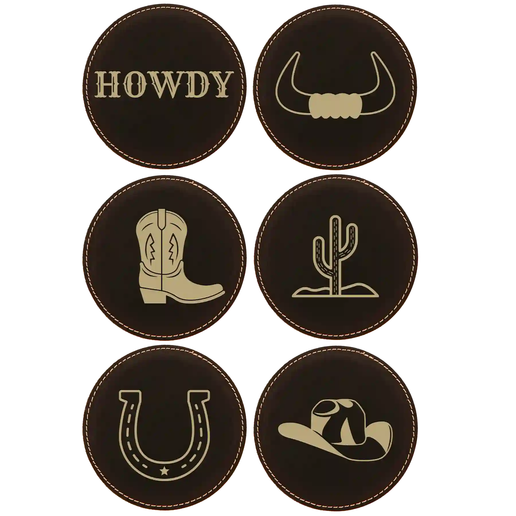 Black/Gold round leatherette coasters set of 6 laser etched with 'Country Ranch Theme' designs