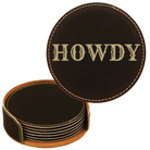 Black/Gold round leatherette coasters set and holder laser etched with 'Country Ranch Theme' design