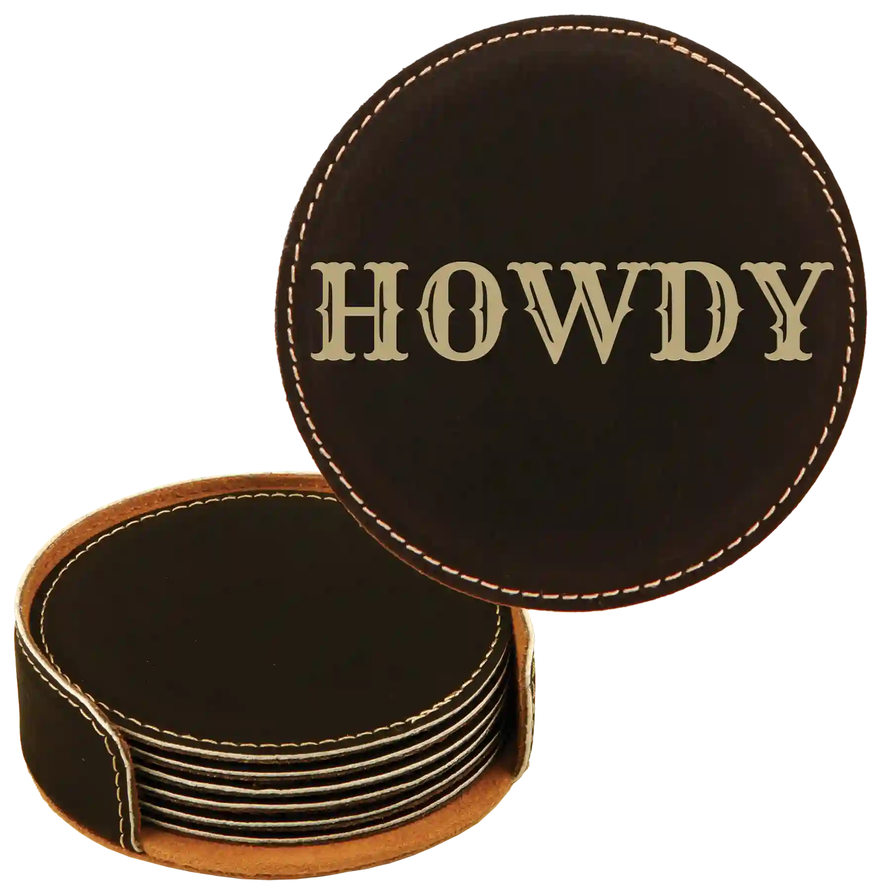 Black/Gold round leatherette coasters set and holder laser etched with 'Country Ranch Theme' design
