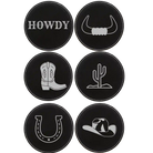 Black/Silver round leatherette coasters set of 6 laser etched with 'Country Ranch Theme' designs