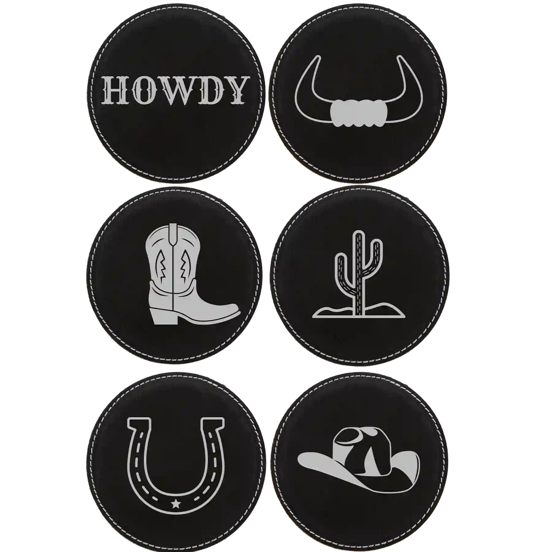 Black/Silver round leatherette coasters set of 6 laser etched with 'Country Ranch Theme' designs