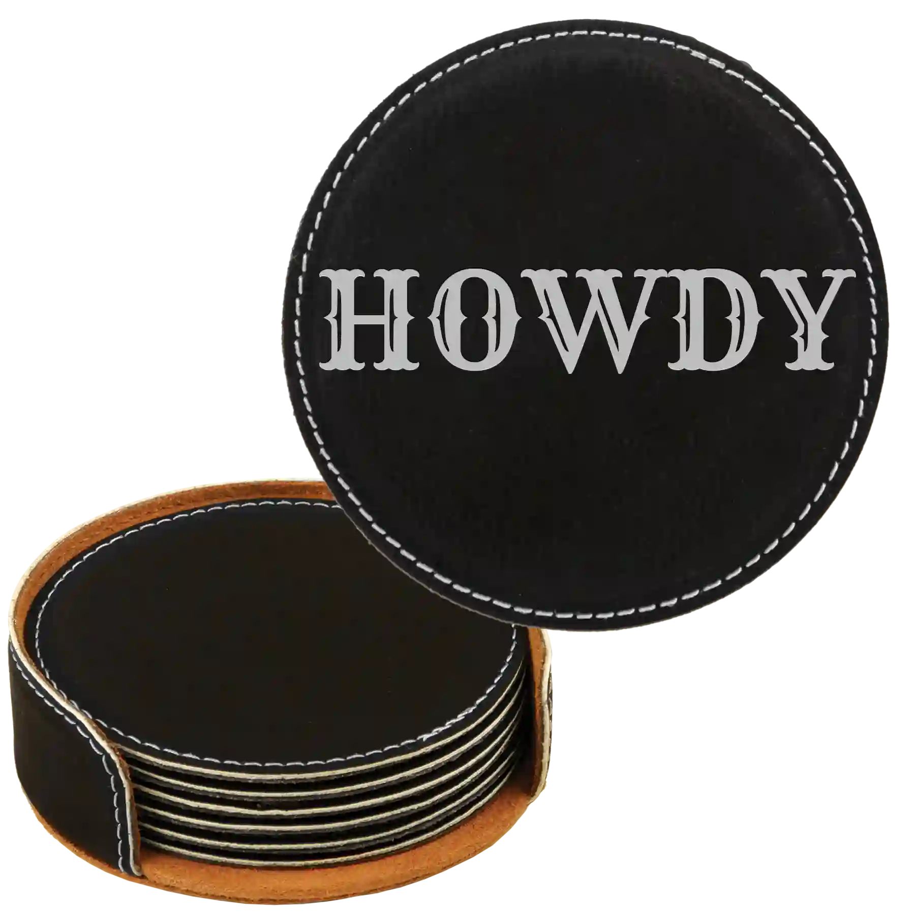 Black/Silver round leatherette coasters set and holder laser etched with 'Country Ranch Theme' design