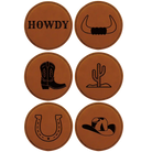 Rawhide round leatherette coasters set of 6 laser etched with 'Country Ranch Theme' designs