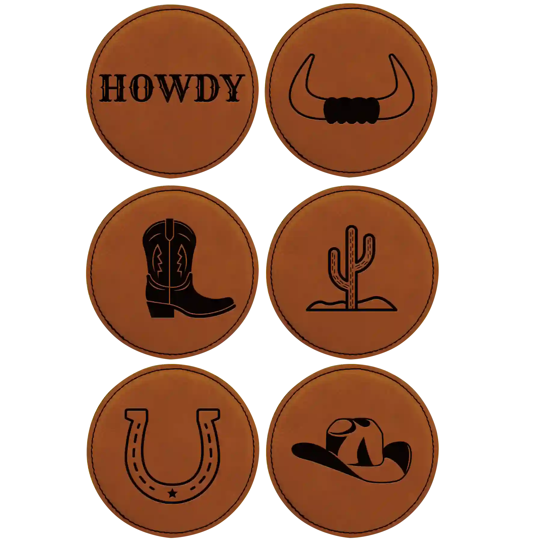 Rawhide round leatherette coasters set of 6 laser etched with 'Country Ranch Theme' designs