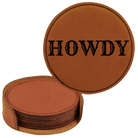 Rawhide round leatherette coasters set and holder laser etched with 'Country Ranch Theme' design