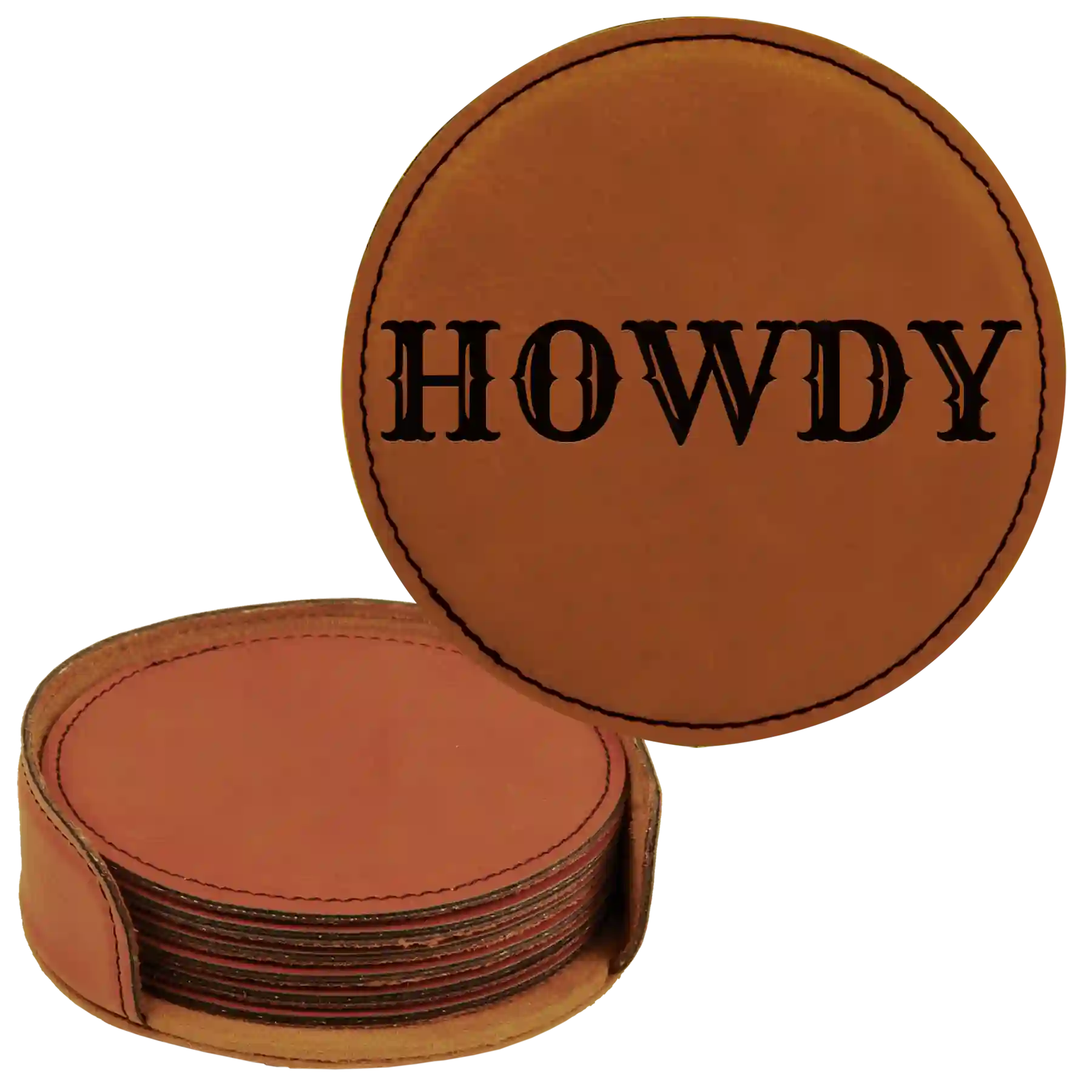 Rawhide round leatherette coasters set and holder laser etched with 'Country Ranch Theme' design