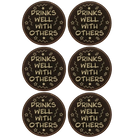 Black/Gold round leatherette coasters set of 6 laser etched with 'Drinks Well With Others' designs