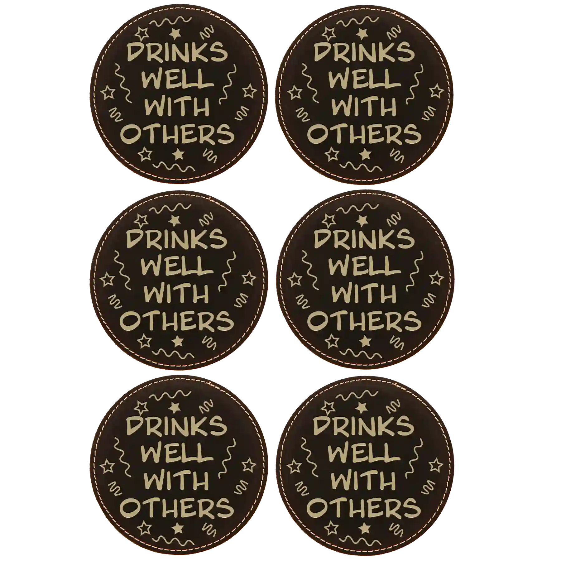 Black/Gold round leatherette coasters set of 6 laser etched with 'Drinks Well With Others' designs