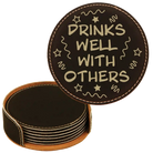 Black/Gold round leatherette coasters set and holder laser etched with 'Drinks Well With Others' design