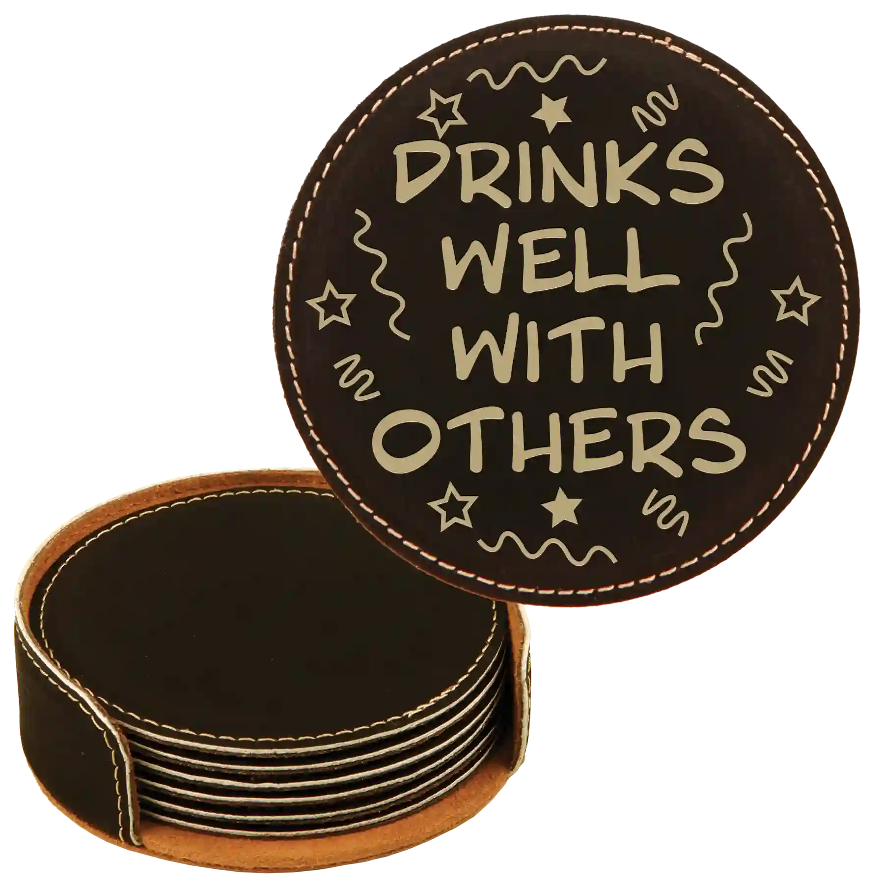 Black/Gold round leatherette coasters set and holder laser etched with 'Drinks Well With Others' design