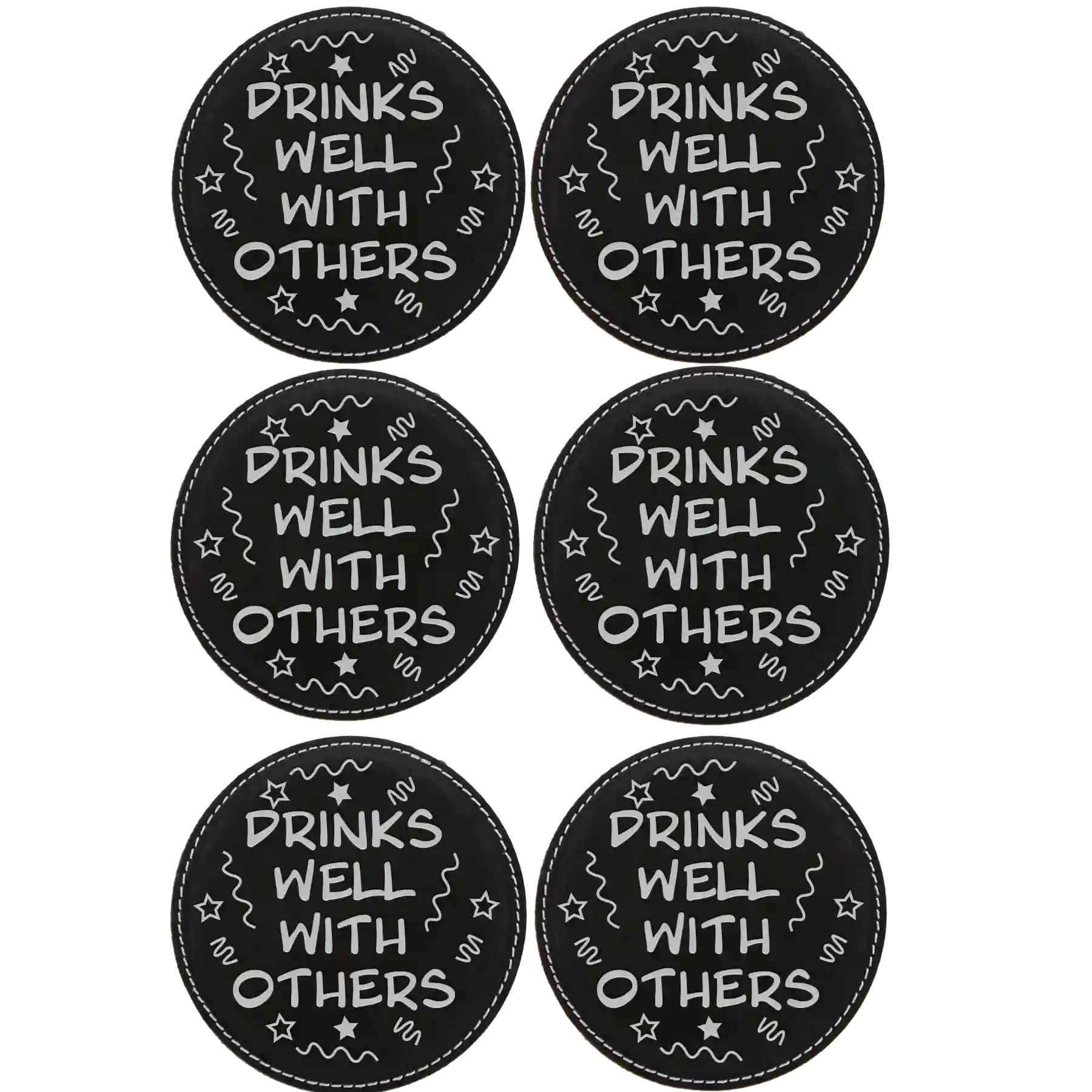 Black/Silver round leatherette coasters set of 6 laser etched with 'Drinks Well With Others' designs