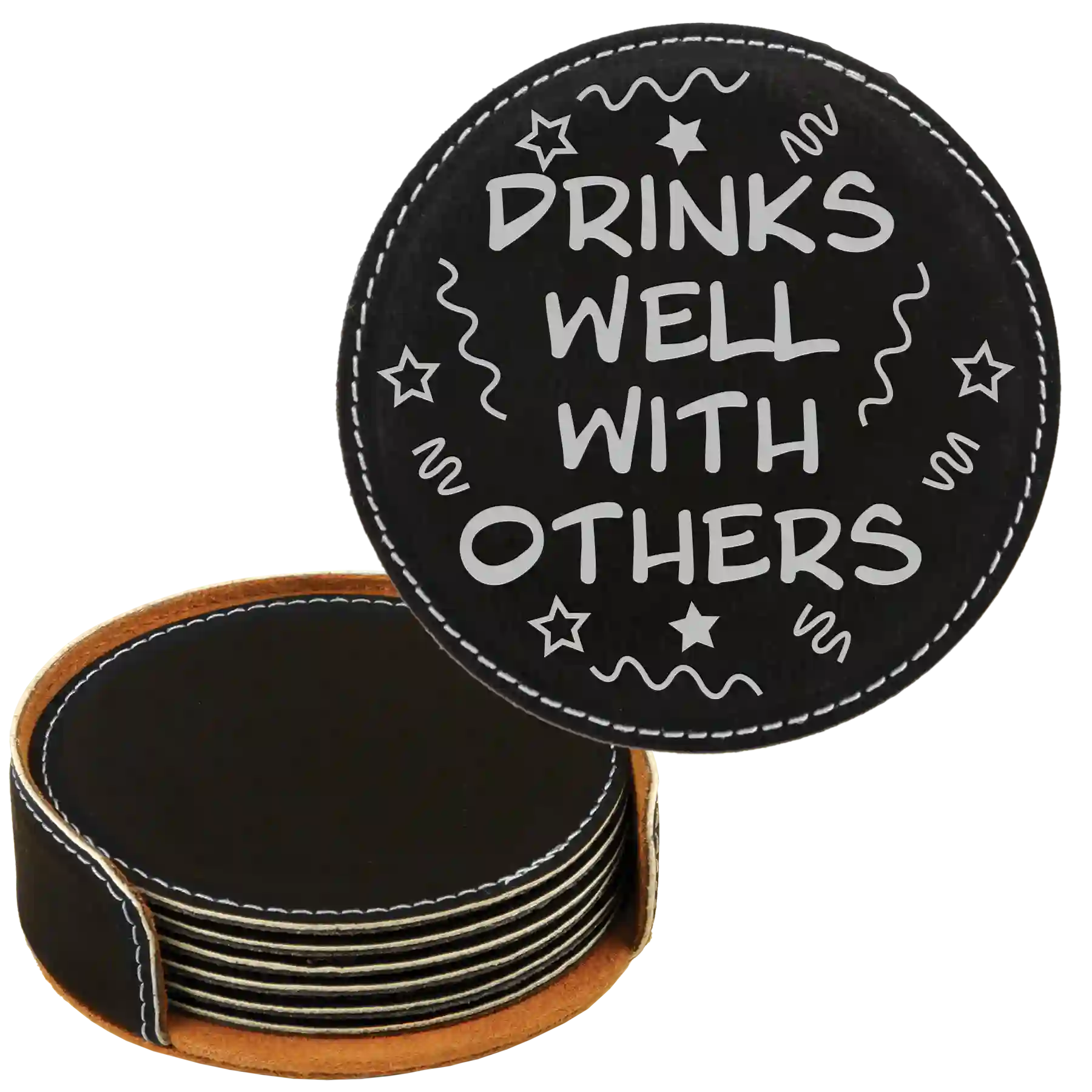 Black/Silver round leatherette coasters set and holder laser etched with 'Drinks Well With Others' design