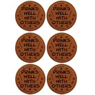 Rawhide round leatherette coasters set of 6 laser etched with 'Drinks Well With Others' designs