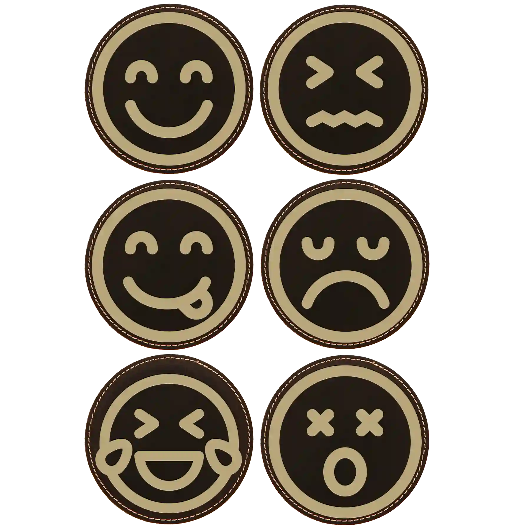 Black/Gold round leatherette coasters set of 6 laser etched with 'Emoji' designs