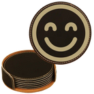 Black/Gold round leatherette coasters set and holder laser etched with 'Emoji' design