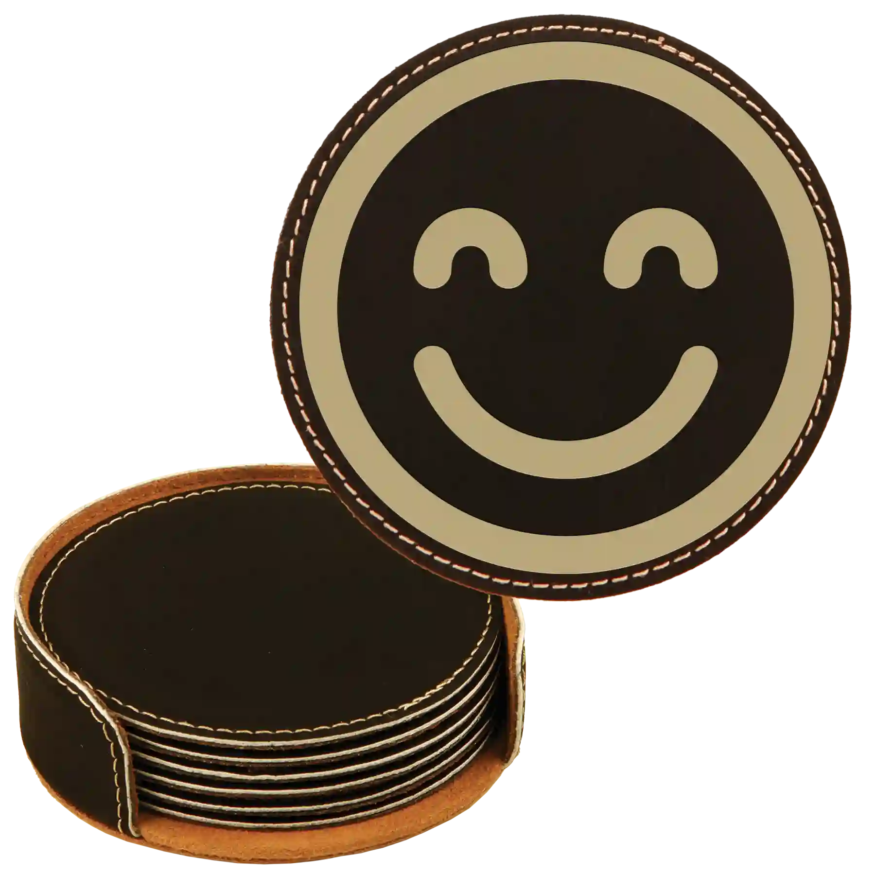 Black/Gold round leatherette coasters set and holder laser etched with 'Emoji' design
