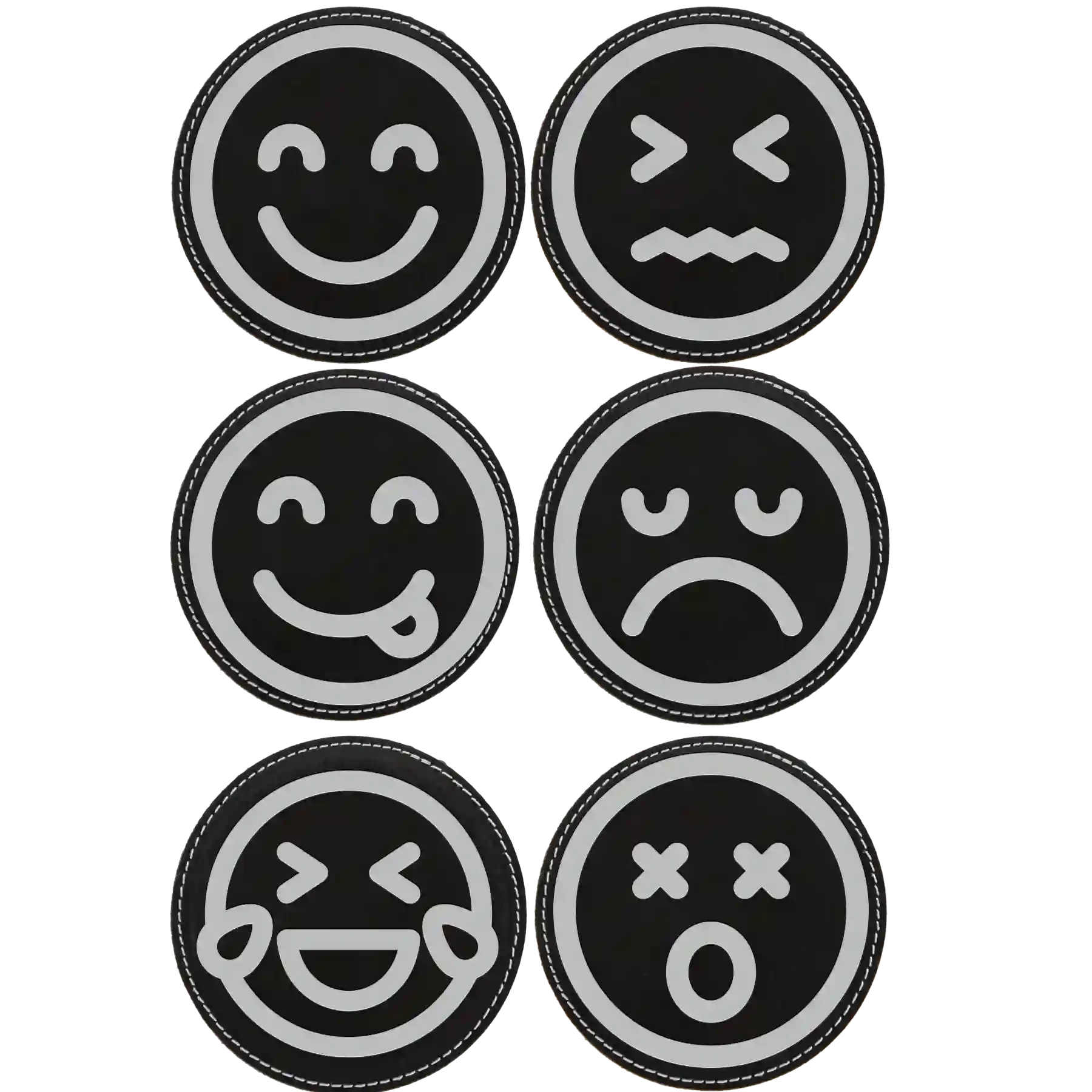 Black/Silver round leatherette coasters set of 6 laser etched with 'Emoji' designs