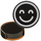 Black/Silver round leatherette coasters set and holder laser etched with 'Emoji' design