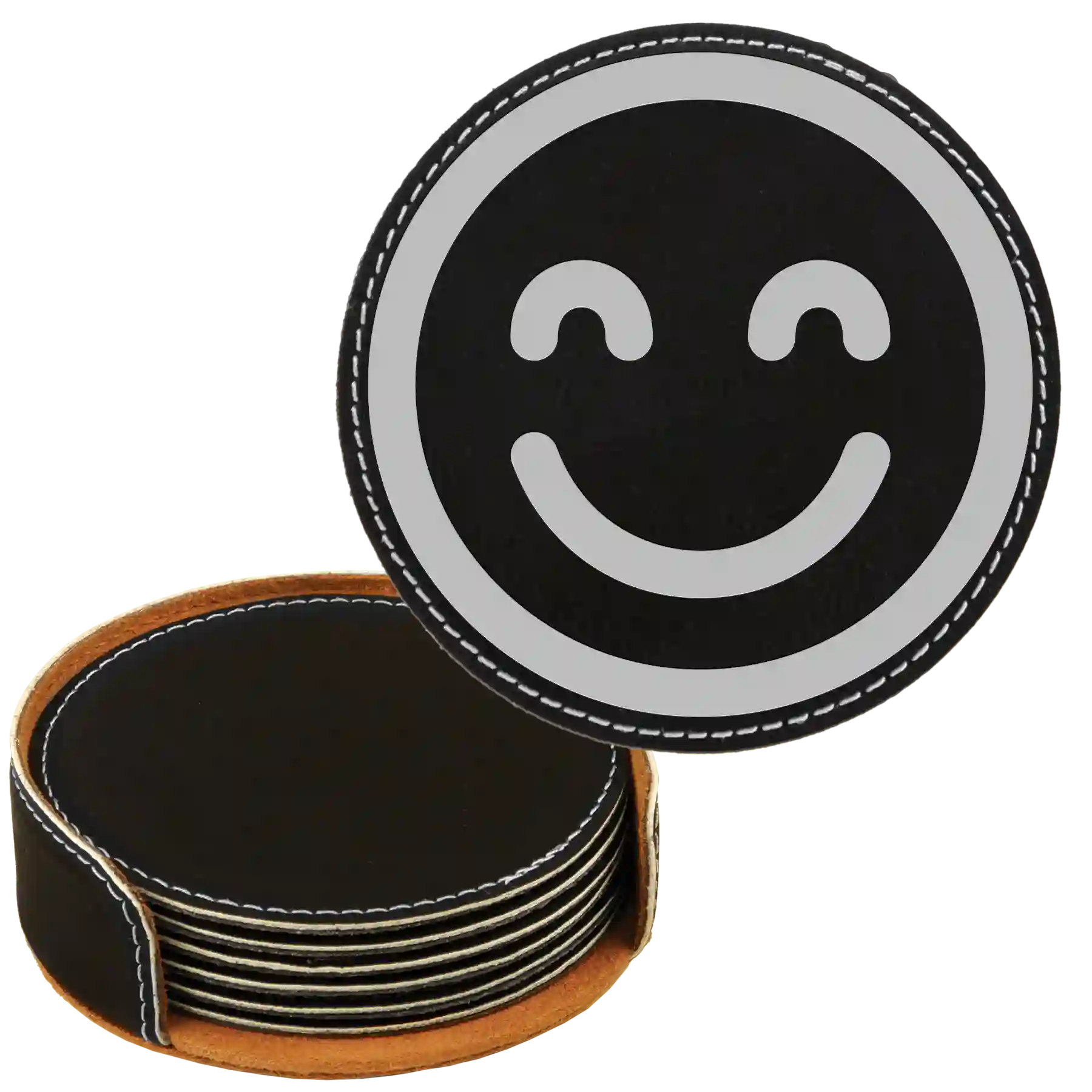 Black/Silver round leatherette coasters set and holder laser etched with 'Emoji' design