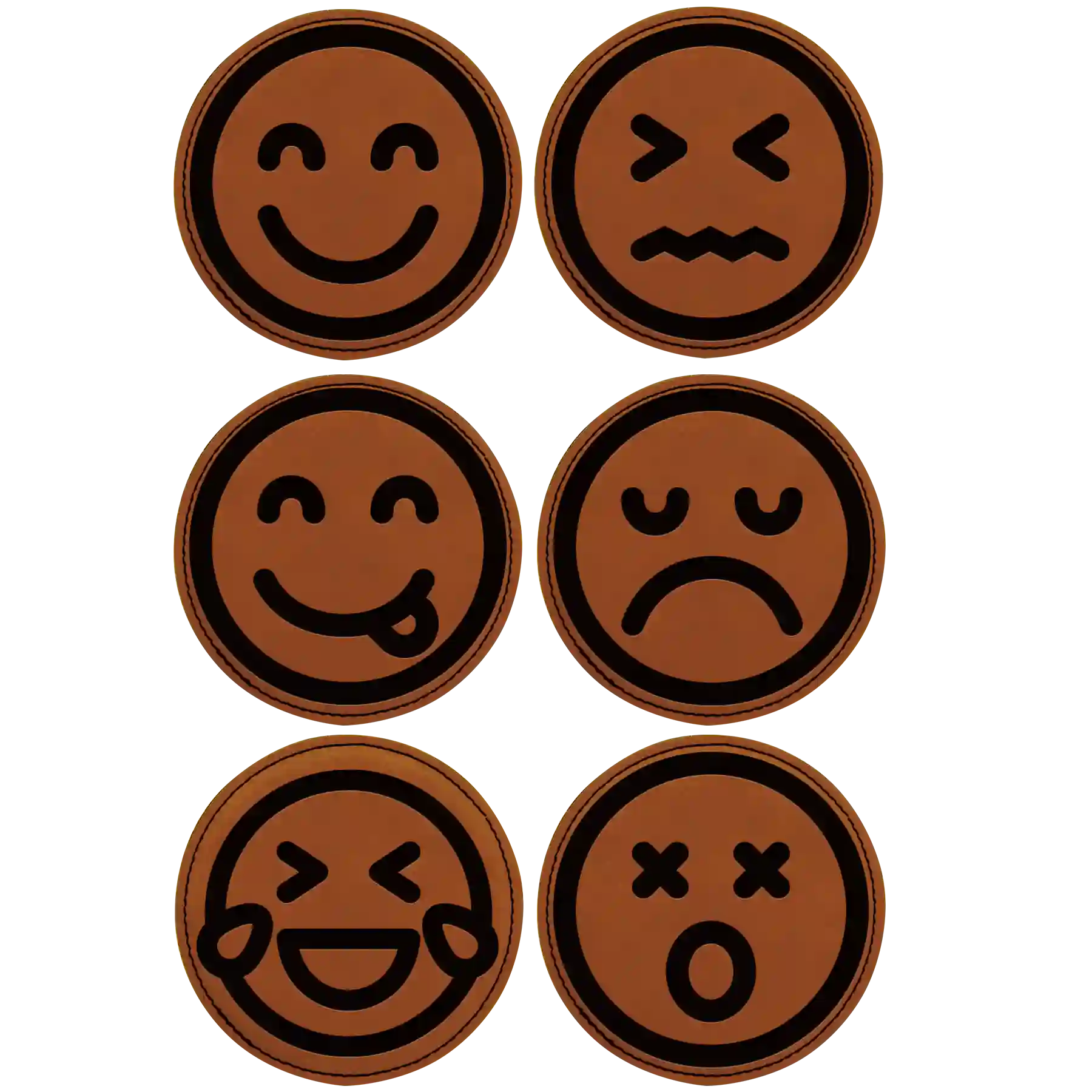Rawhide round leatherette coasters set of 6 laser etched with 'Emoji' designs