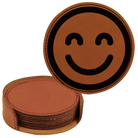 Rawhide round leatherette coasters set and holder laser etched with 'Emoji' design
