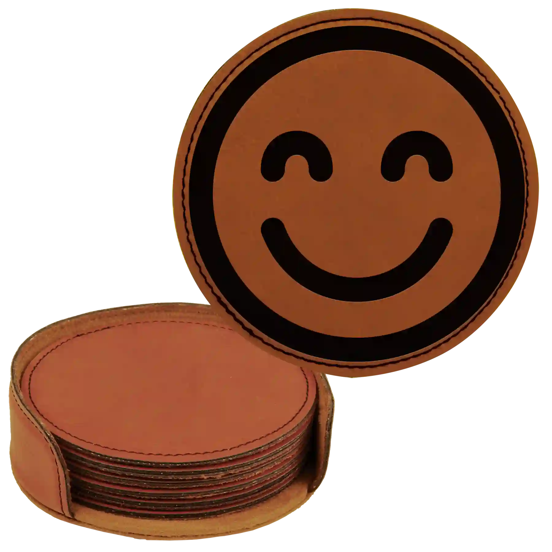 Rawhide round leatherette coasters set and holder laser etched with 'Emoji' design
