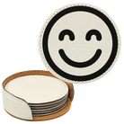 White round leatherette coasters set and holder laser etched with 'Emoji' design
