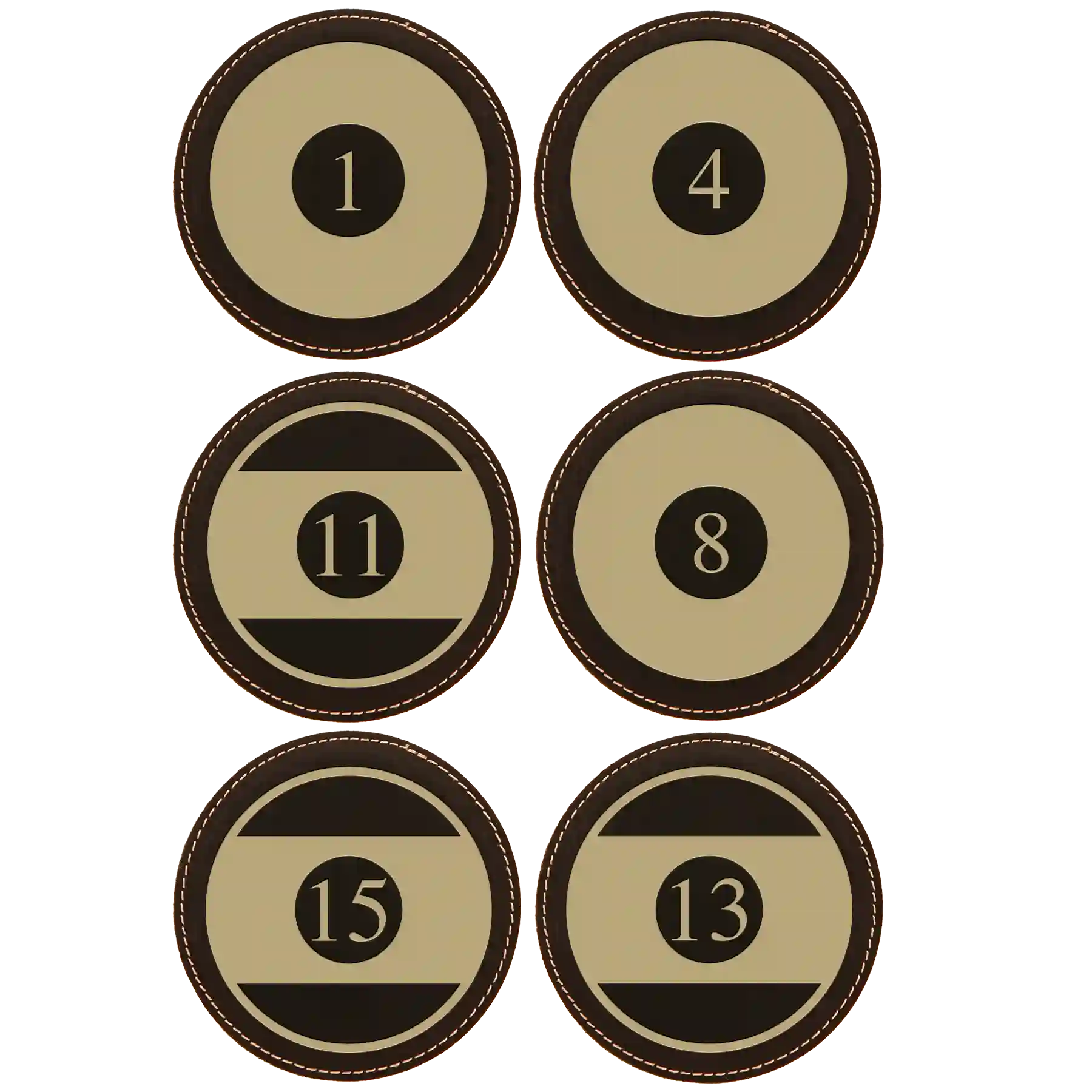 Black/Gold round leatherette coasters set of 6 laser etched with 'Pool Balls' designs