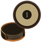 Black/Gold round leatherette coasters set and holder laser etched with 'Pool Balls' design