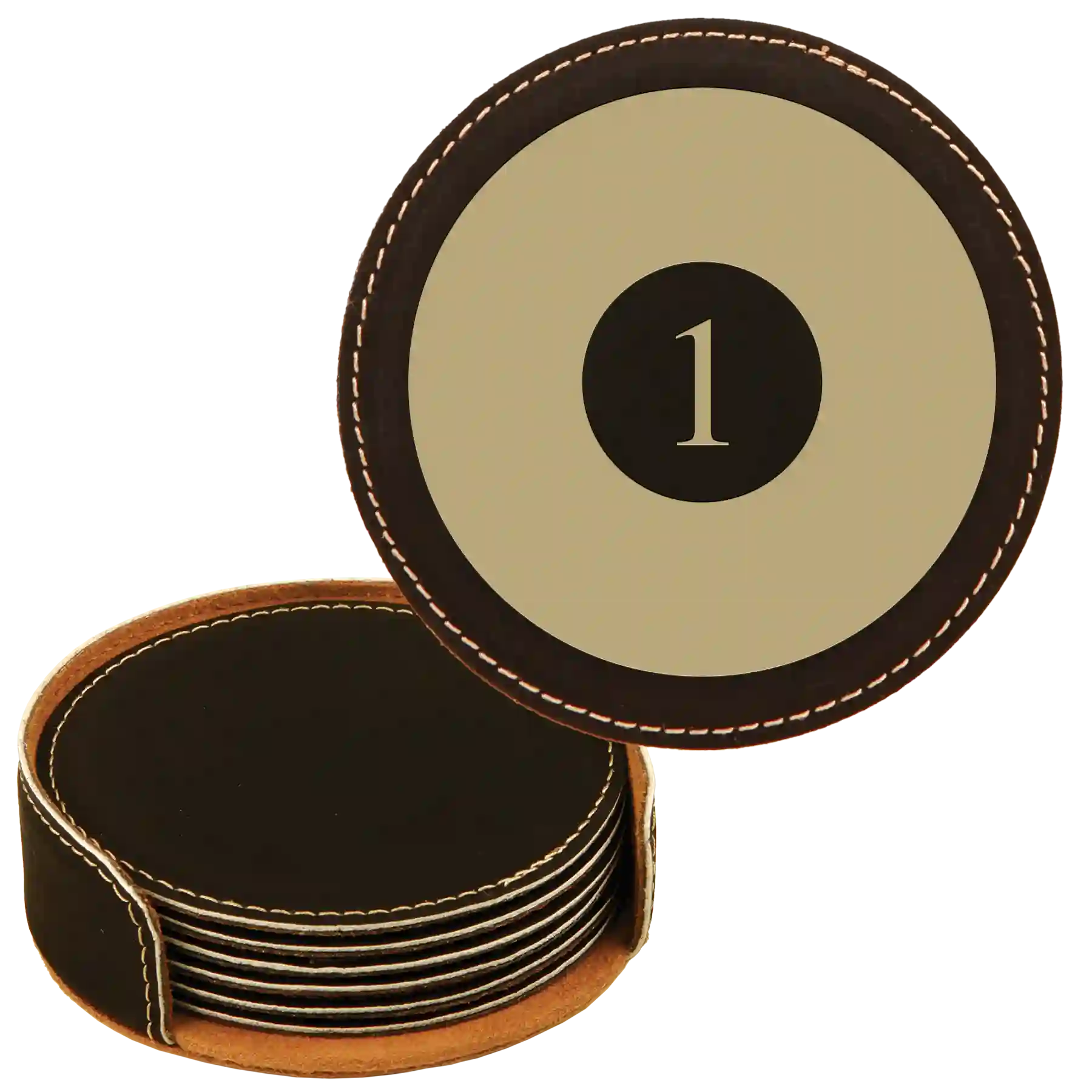Black/Gold round leatherette coasters set and holder laser etched with 'Pool Balls' design