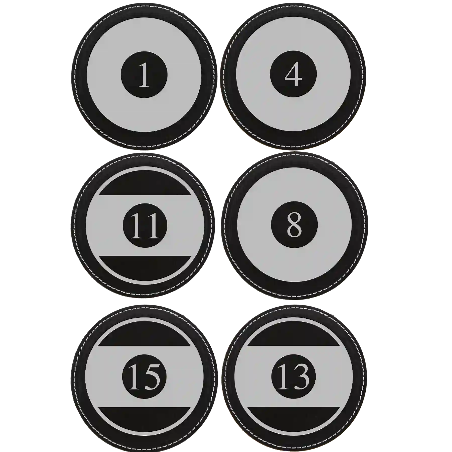 Black/Silver round leatherette coasters set of 6 laser etched with 'Pool Balls' designs