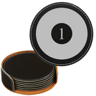 Black/Silver round leatherette coasters set and holder laser etched with 'Pool Balls' design