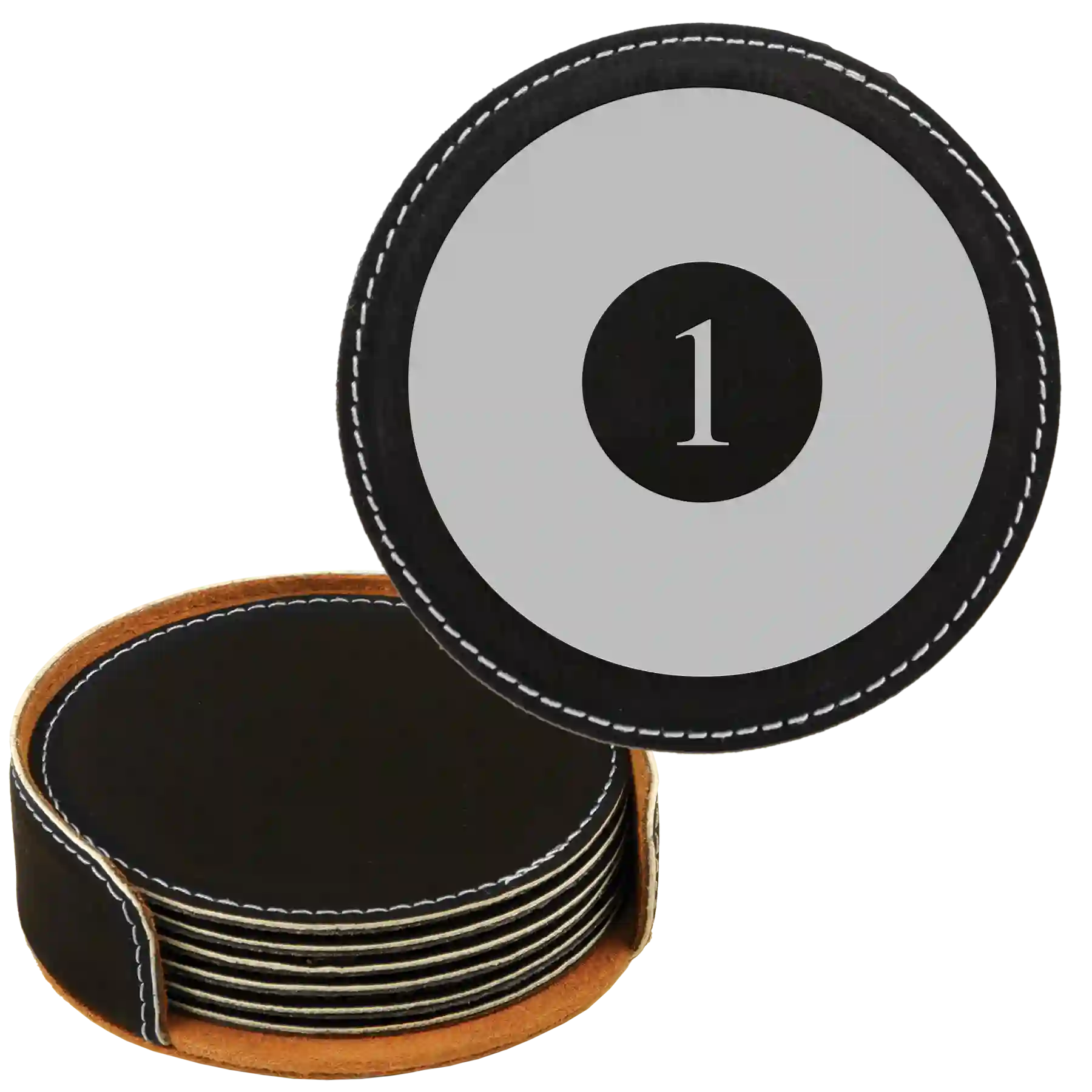 Black/Silver round leatherette coasters set and holder laser etched with 'Pool Balls' design