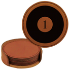 Rawhide round leatherette coasters set and holder laser etched with 'Pool Balls' design