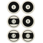 White round leatherette coasters set of 6 laser etched with 'Pool Balls' designs