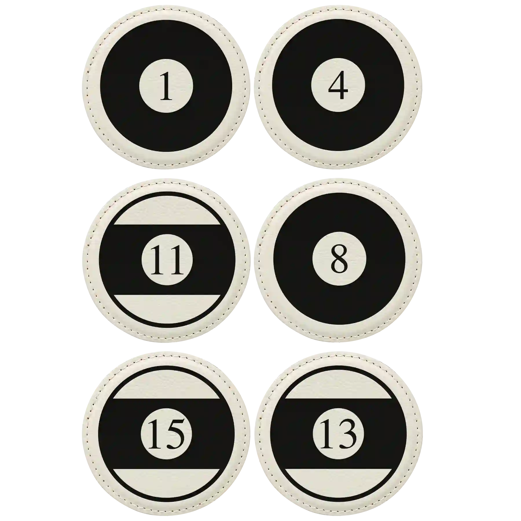 White round leatherette coasters set of 6 laser etched with 'Pool Balls' designs